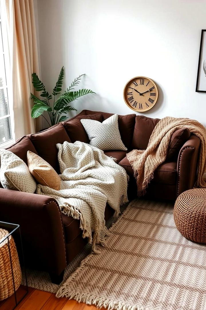 Textured Variety with Rugs and Throws - 30 Dark Brown Couch Living Room Ideas