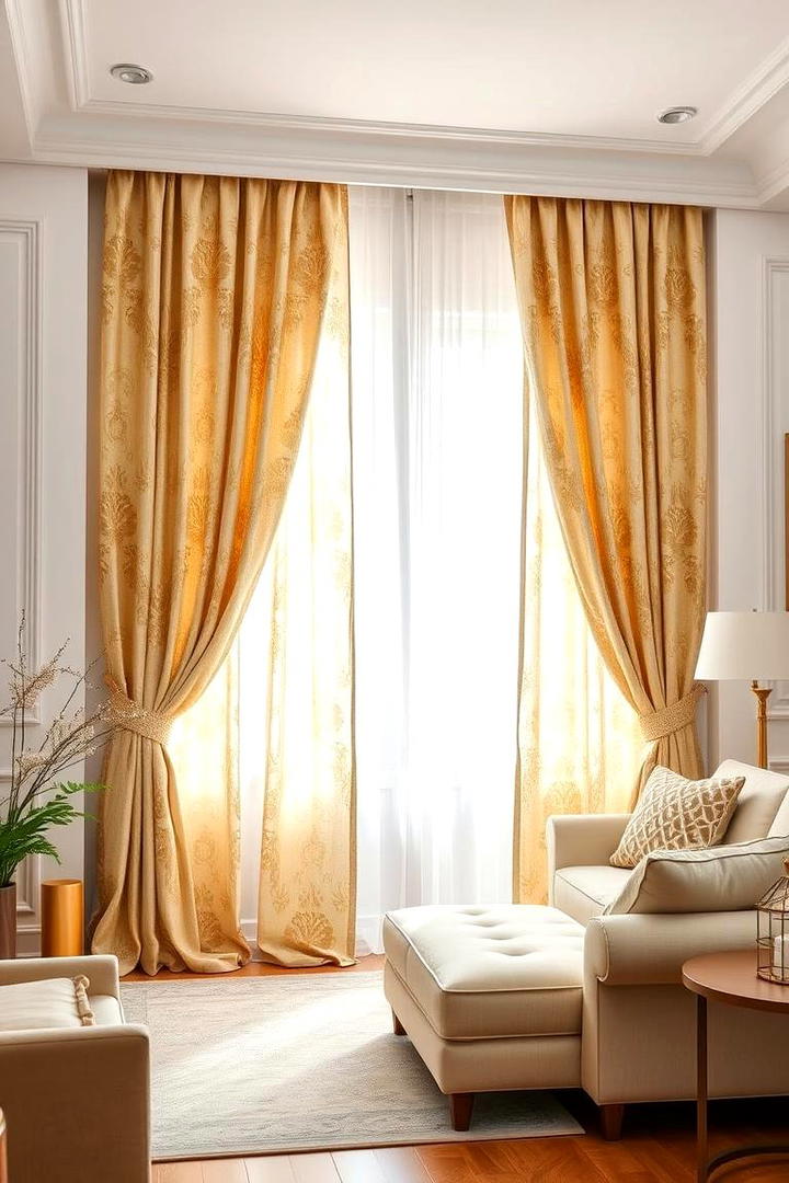 Timeless Cream and Gold Textured Curtains - 30 Cream and Gold Living Room Ideas