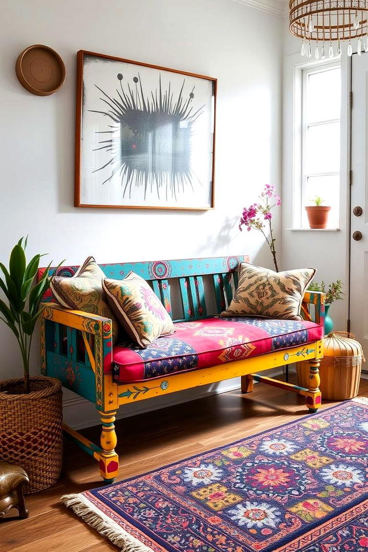 Vibrant Bohemian Bench - 30 Entryway Bench Ideas