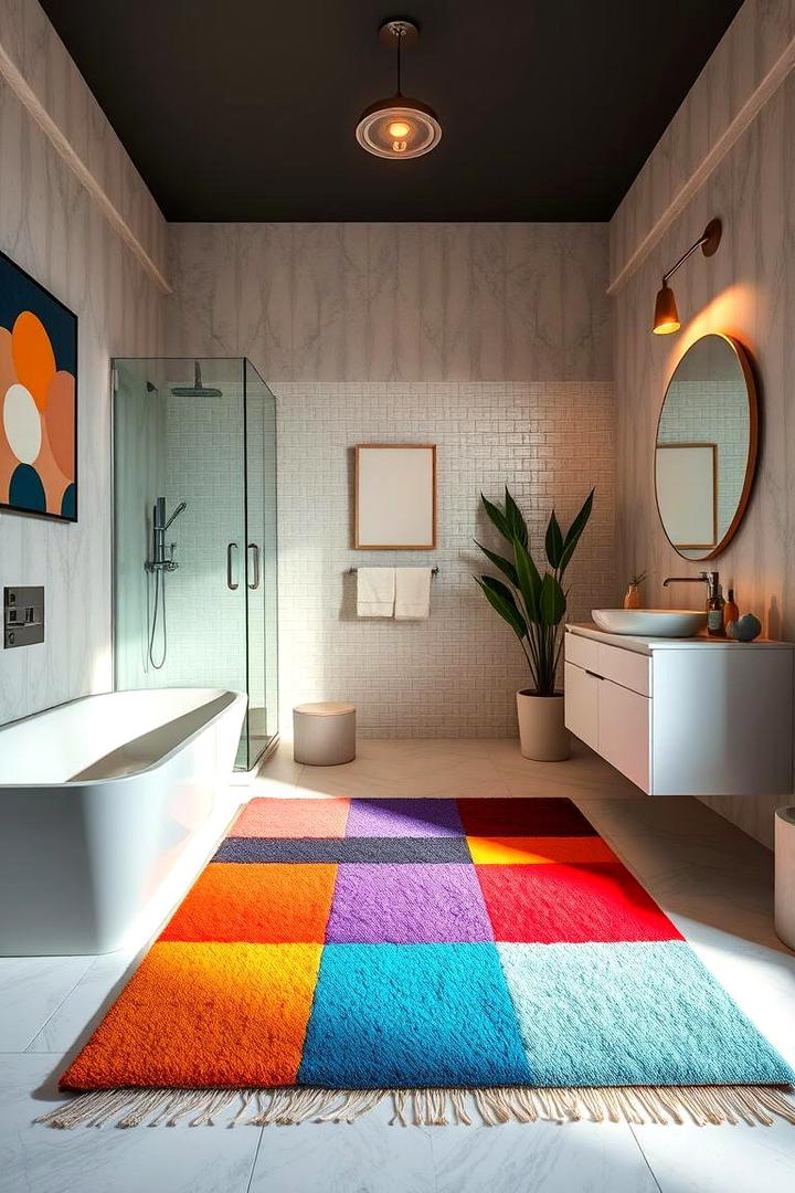 Vibrant Color Blocking Rug - 30 Bathroom Rug Ideas