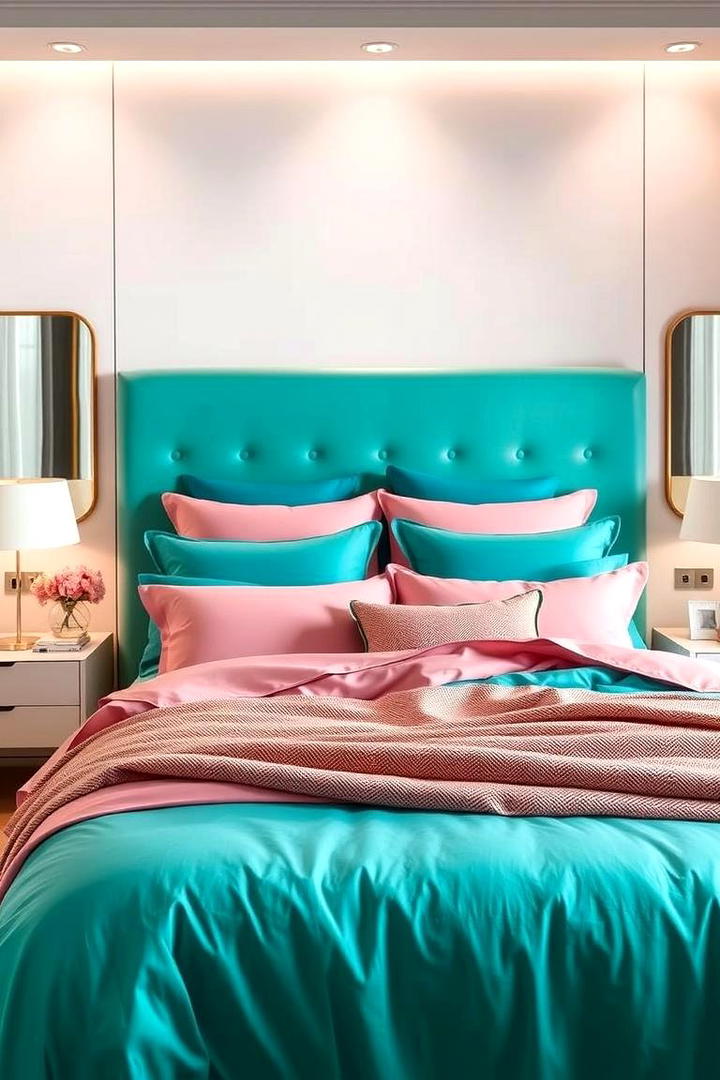 Vibrant Teal Bedding Statement - 30 Teal and Pink Bedroom Ideas