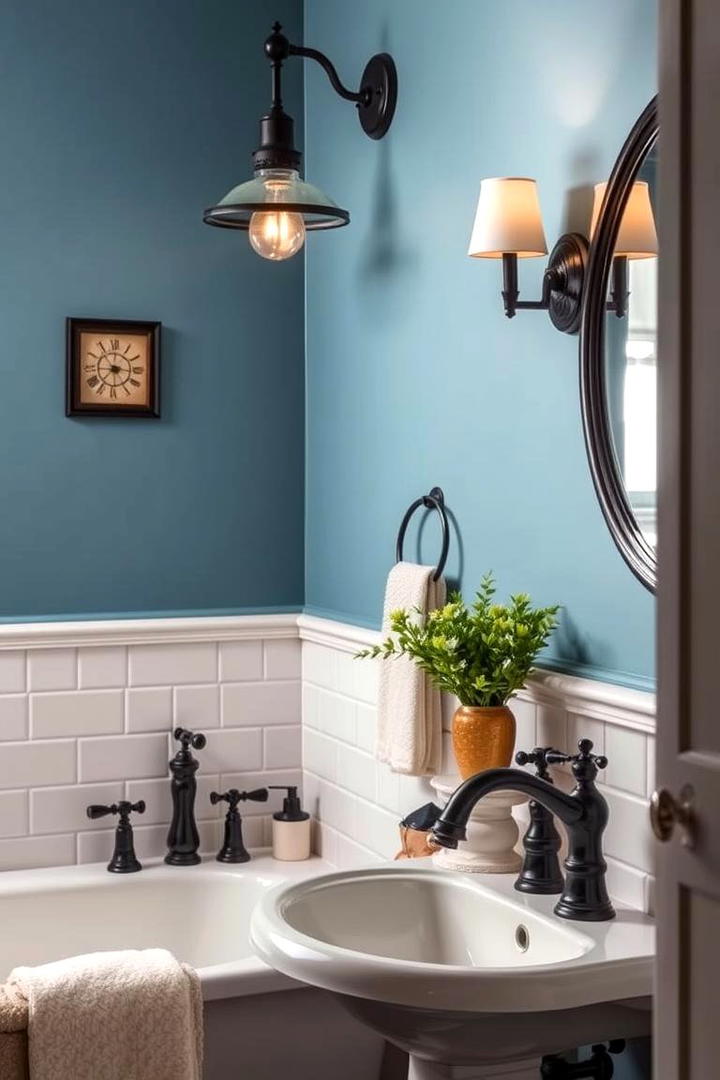 Vintage Black Fixtures Complemented by Blue Walls - 30 black and blue bathroom ideas