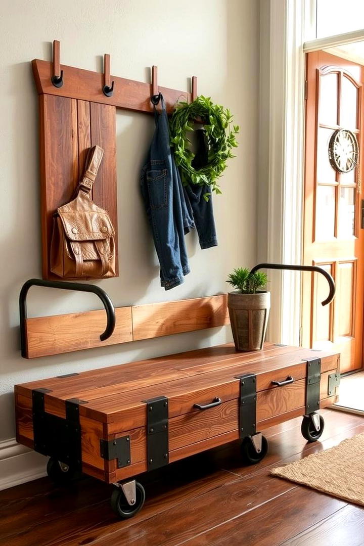 Vintage Industrial Bench with Wheels - 30 Entryway Bench Ideas