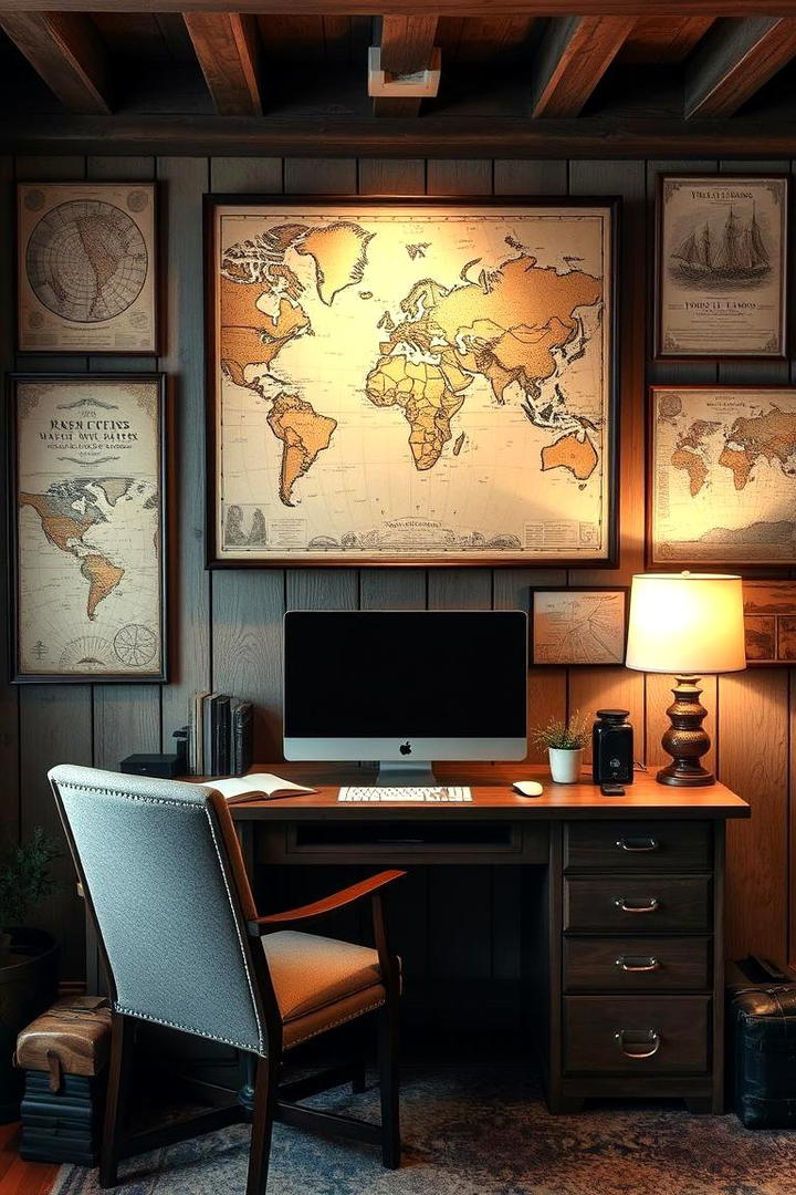 Vintage Map Wall Display - 30 Rustic Home Office Ideas