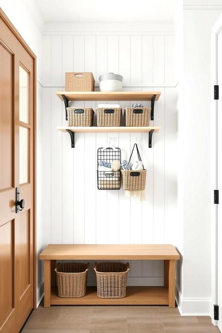 Wall Mounted Shelf and Basket Combo - 30 Mudroom Storage Ideas