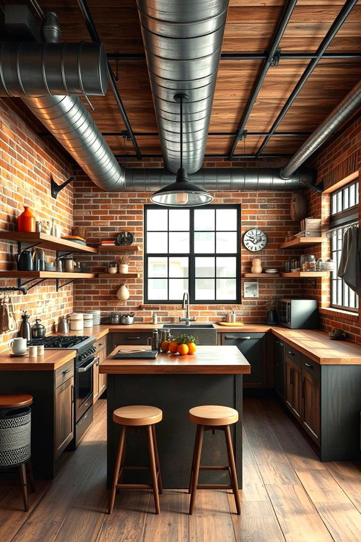 Warm Industrial U Shaped Kitchen with Exposed Elements - 30 U Shaped Kitchen Ideas