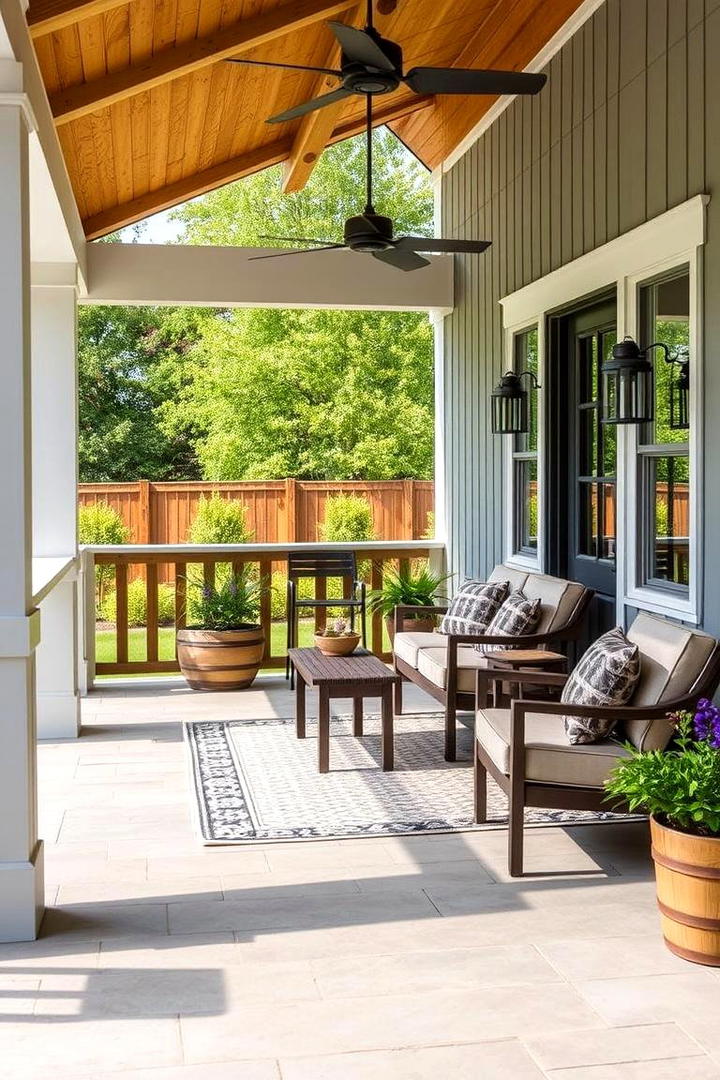 Weather Resistant Fabric Seating - 30 Barndominium Front Porch Ideas