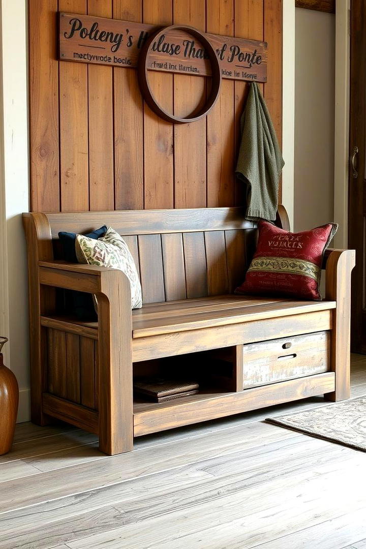 Weathered Distressed Wood Bench - 30 Entryway Bench Ideas