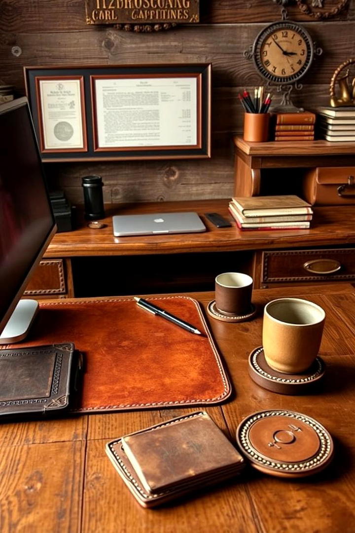 Weathered Leather Accessories - 30 Rustic Home Office Ideas