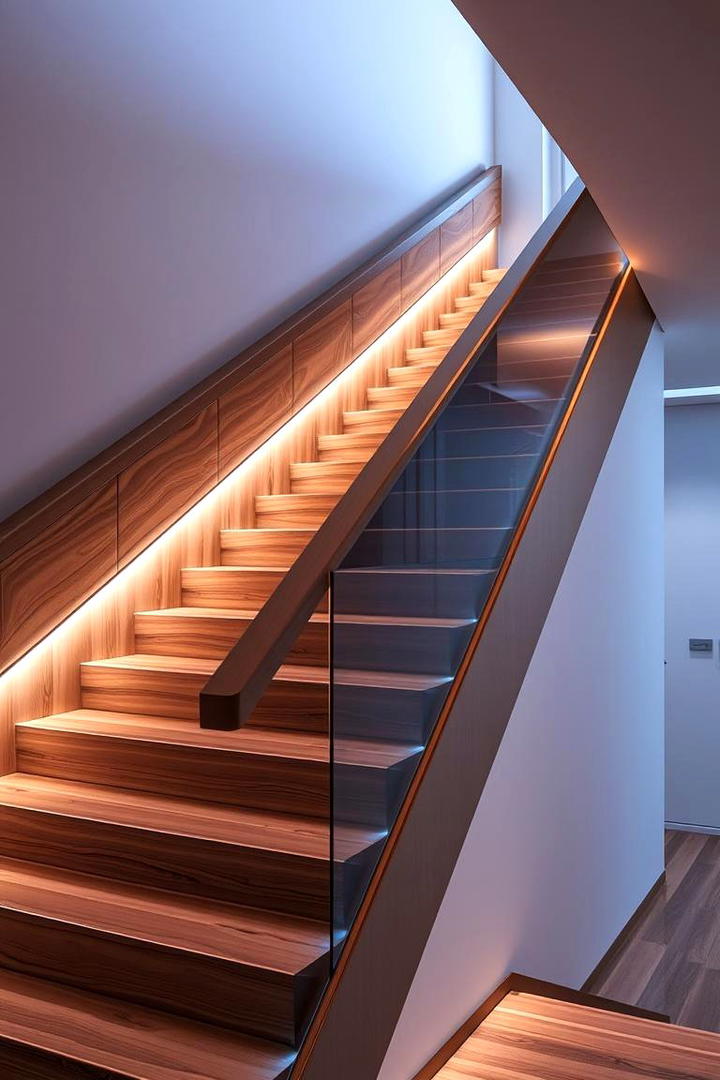 Wood Railing with Integrated LED Lighting - 30 Wood Stair Railing Ideas