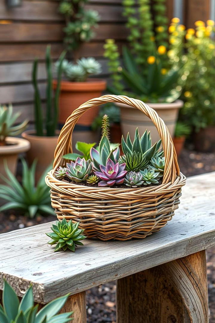 Woven Basket Succulent Setup - 30 Outdoor Succulent Container Ideas