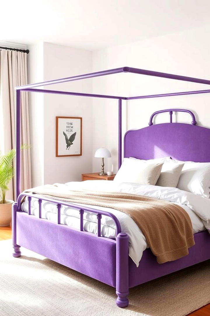 A Purple Bedframe with White Linens - 17 Purple Bedroom Ideas