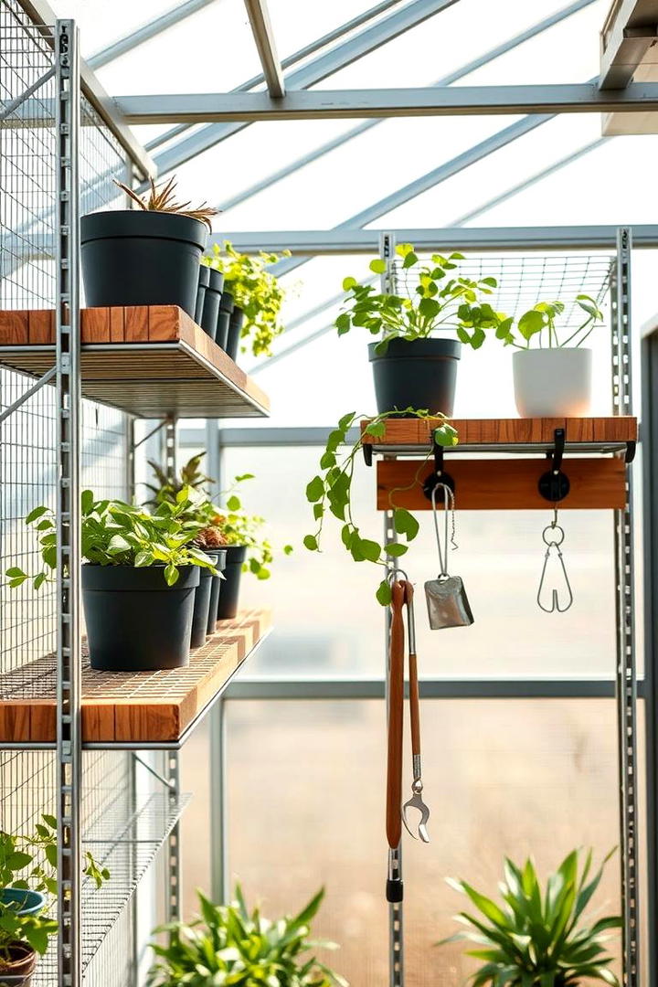 Adjustable Wire Shelves with Hooks - 30 Greenhouse Shelving Ideas