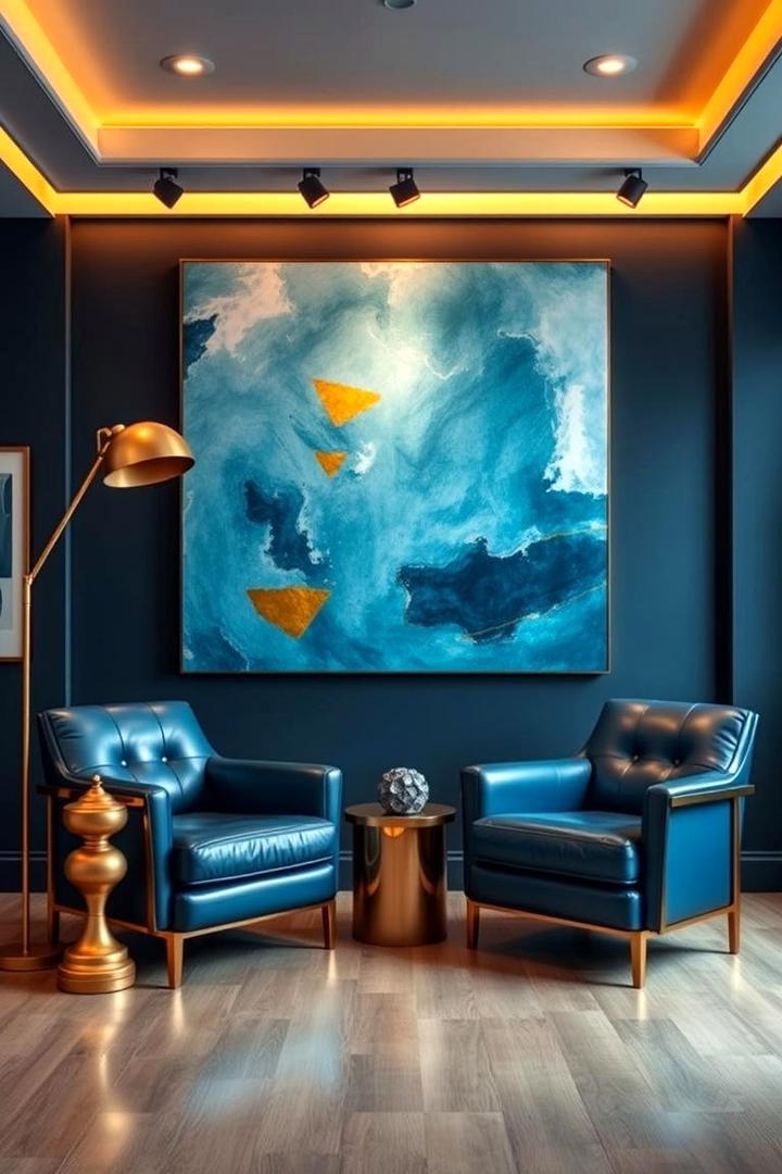 Artistic Blue Decor Enhanced by Gold - 30 Blue and Gold Living Room Ideas