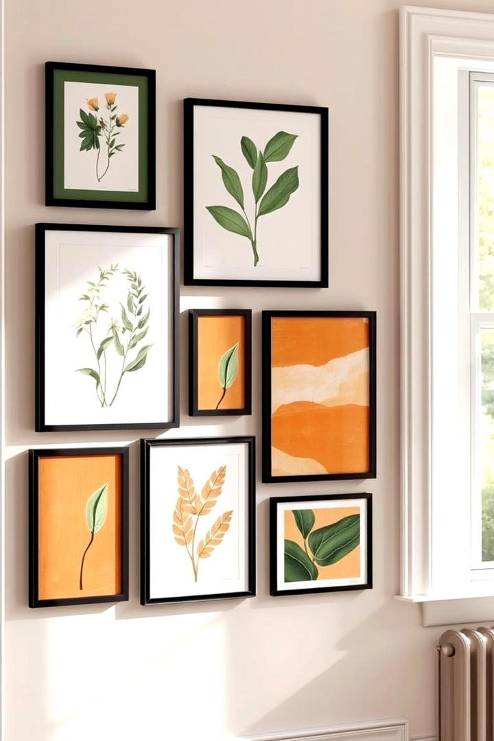 Artistic Green and Orange Gallery Wall - 30 Green and Orange Living Room Ideas