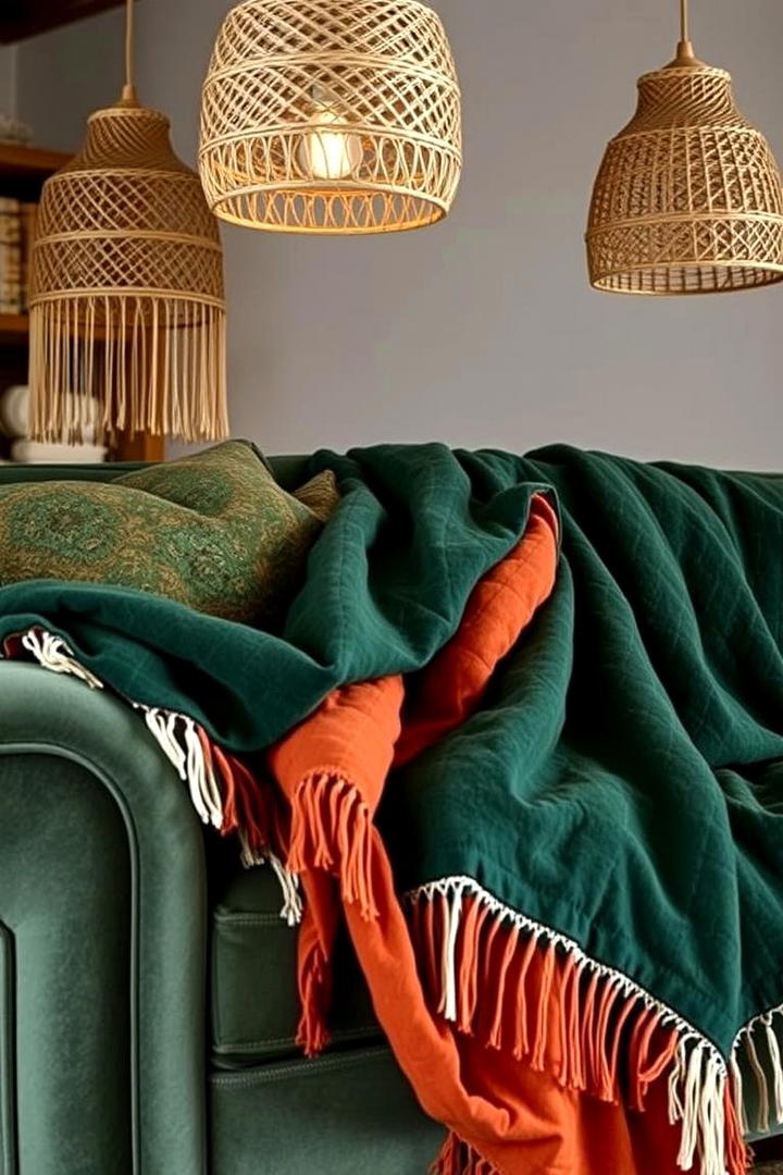 Bohemian Green and Orange Layered Textiles - 30 Green and Orange Living Room Ideas