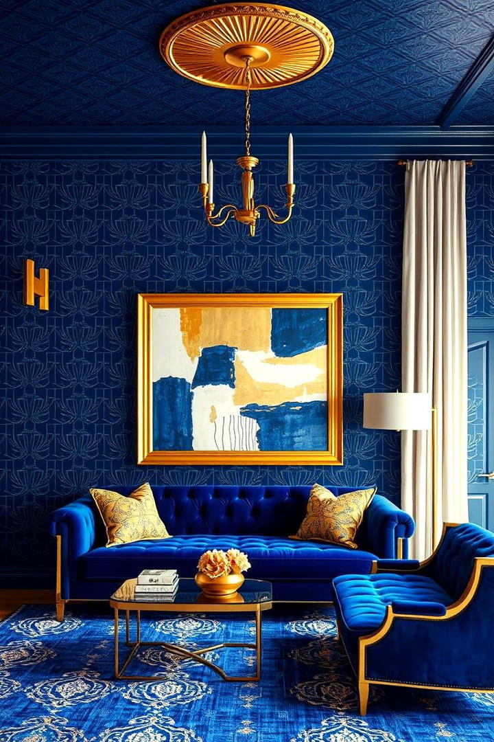 Bold Blue Patterns with Shimmering Gold - 30 Blue and Gold Living Room Ideas