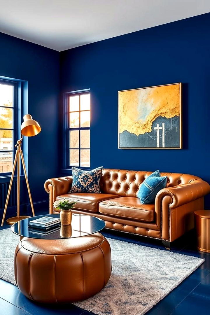 Bold Blue Walls with Golden Details - 30 Blue and Gold Living Room Ideas