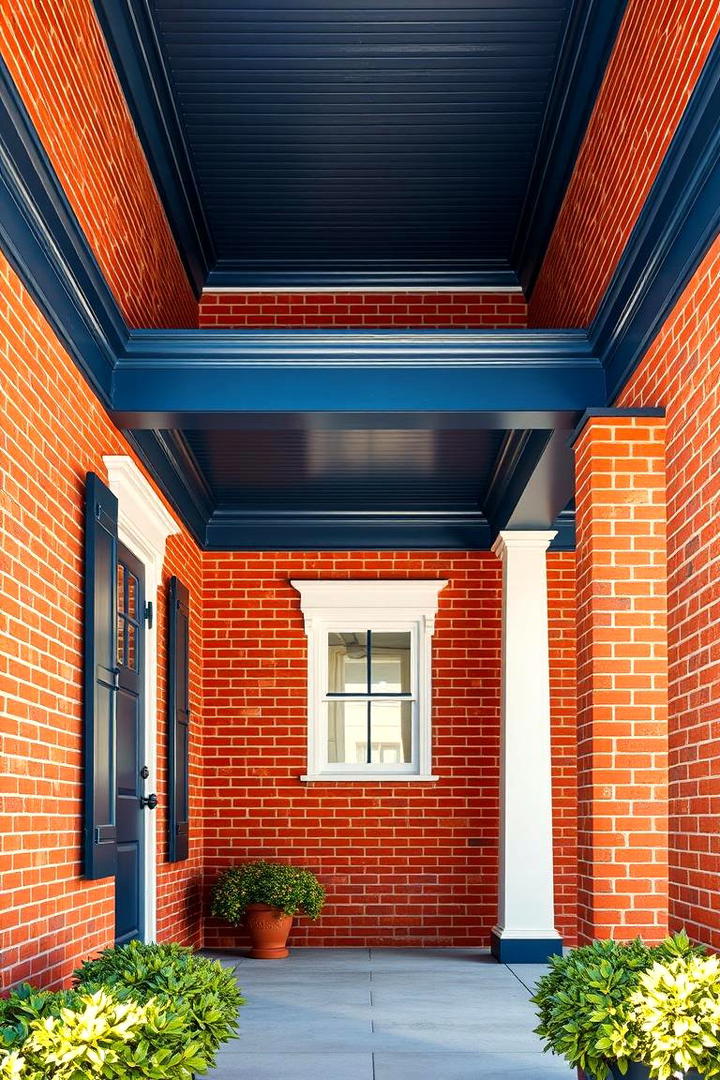 Bold Brick Red with Deep Blue Details - 30 Exterior Brick and Paint Color Combinations