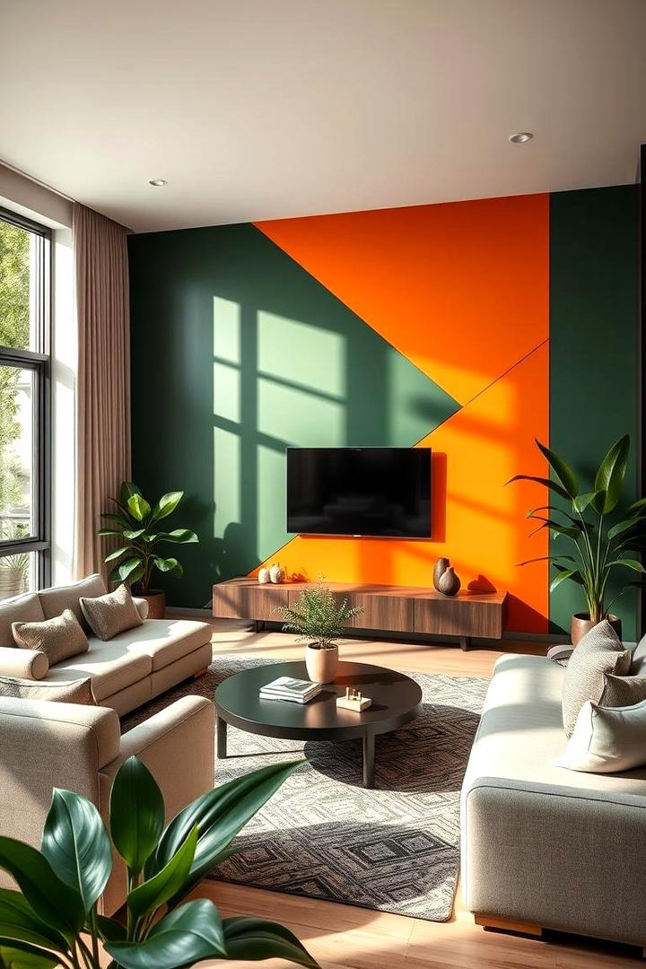 Bold Green Accent Wall with Orange Highlights - 30 Green and Orange Living Room Ideas