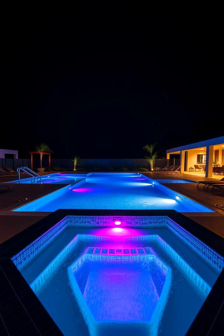 Bold LED Lit Nightscape - 30 Rectangle Pool With Hot Tub
