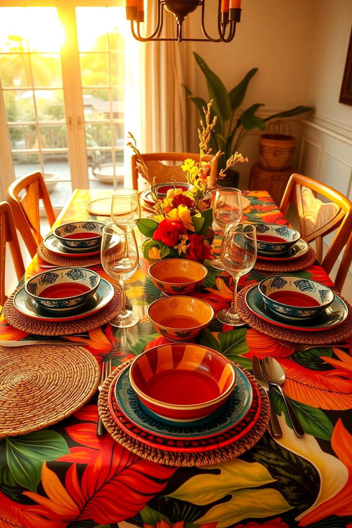 Bold Patterned Tablecloth - 21 Dining Room Table Decor Ideas