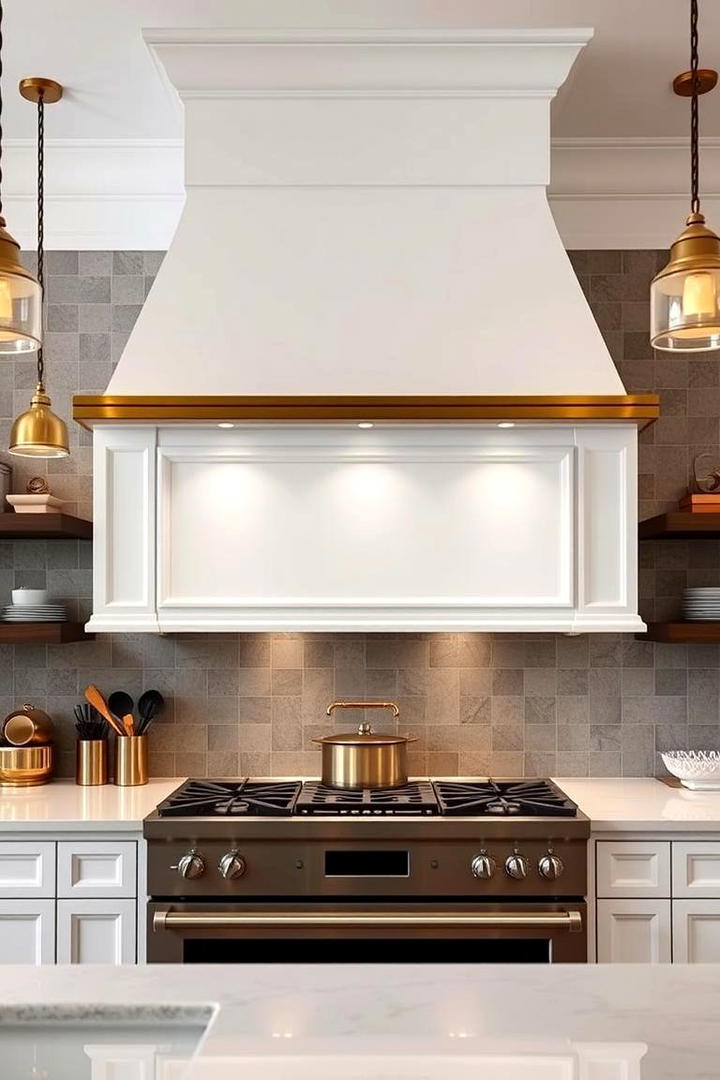 Bold Range Hood with Subtle Gold Trim - 21 White and Gold Kitchen Ideas