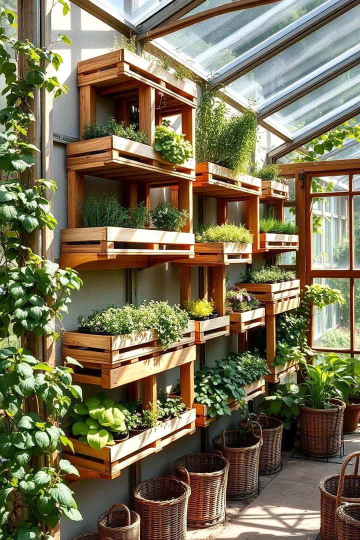 Built In Wooden Crate Shelves - 30 Greenhouse Shelving Ideas