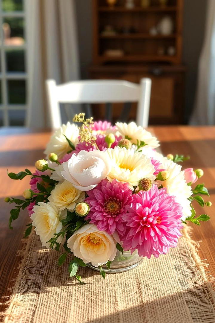 Burlap Table Runner with Seasonal Blooms - 30 Rustic Wedding Centerpieces