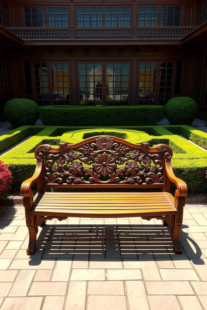 Carved Garden Bench with Intricate Details - 30 Garden Bench Ideas