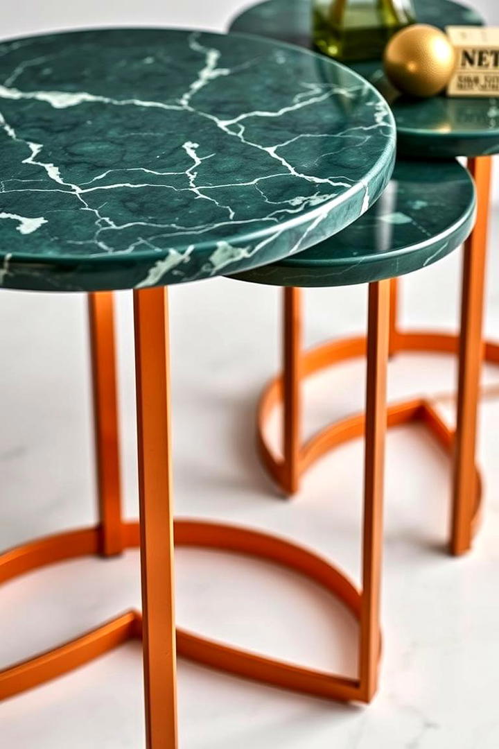 Chic Green Marble and Orange Accented Side Tables - 30 Green and Orange Living Room Ideas