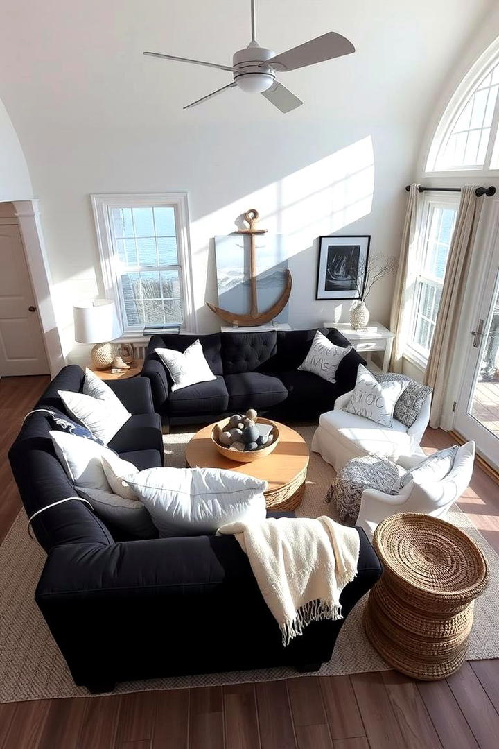 Coastal Calm - 21 Living Room Ideas With Black Couches