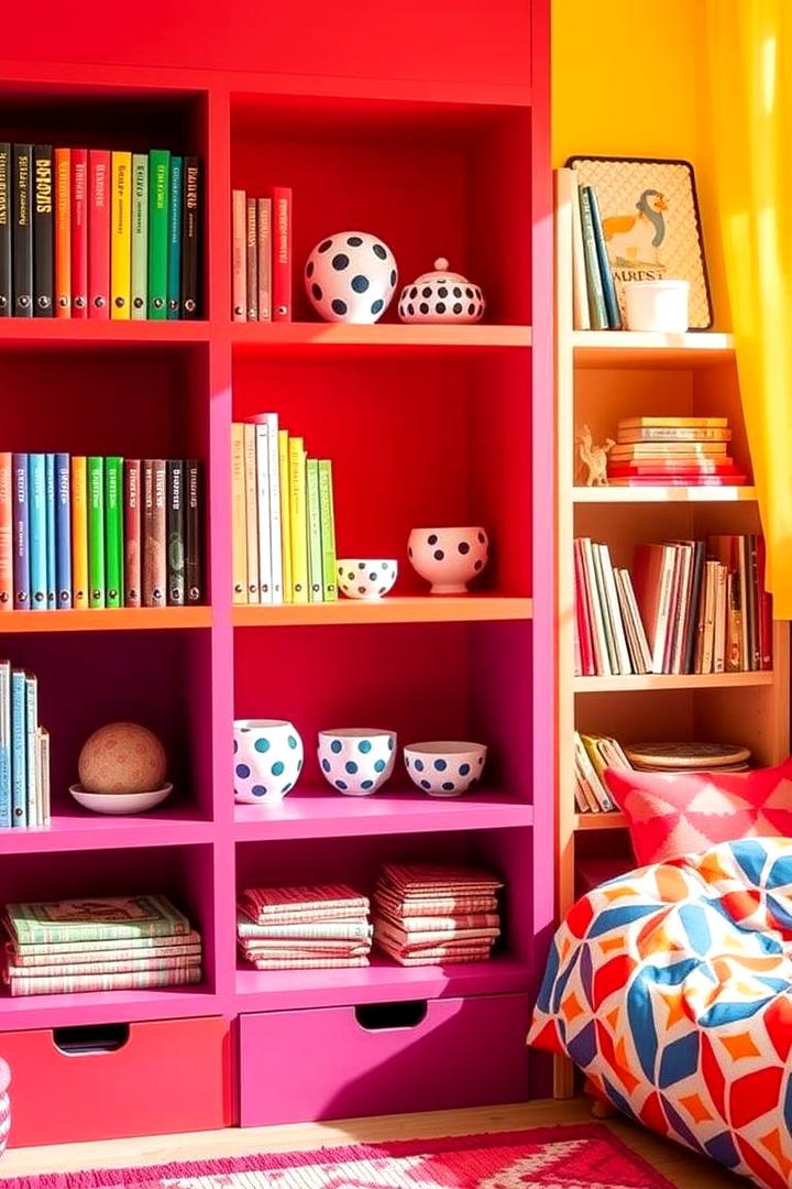 Colorful Patterned Shelf Arrangement - 21 Shelf Decor Ideas