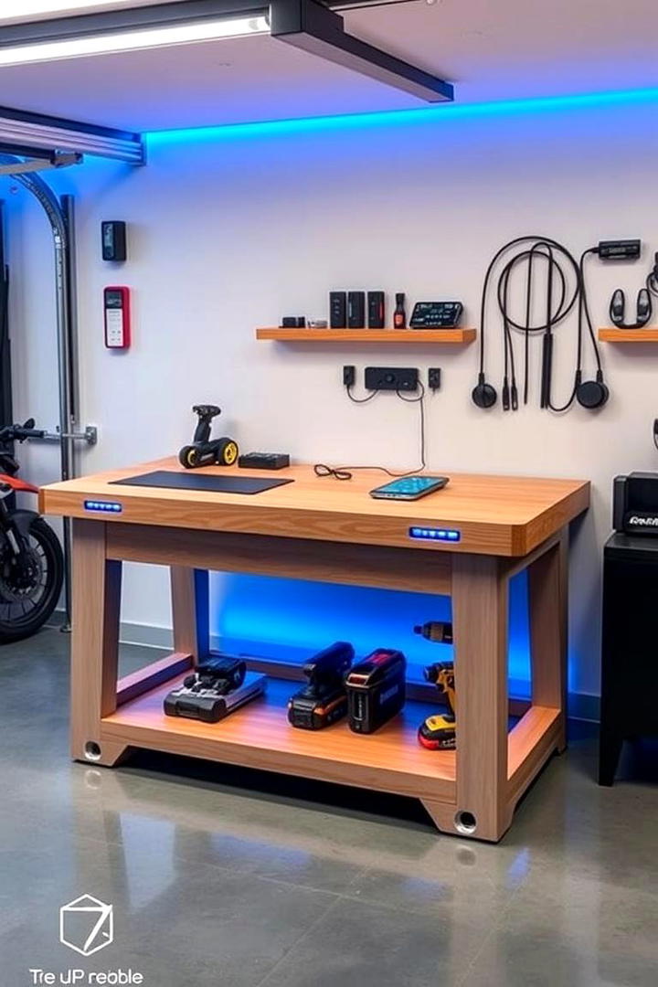 Compact Workbench with Integrated Charging Station - 30 Garage Workbench Ideas