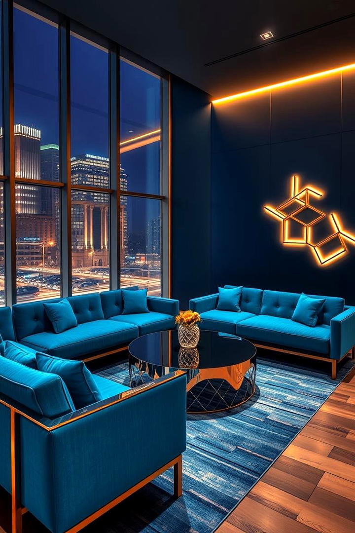 Contemporary Blue Lounge with Gold Flair - 30 Blue and Gold Living Room Ideas