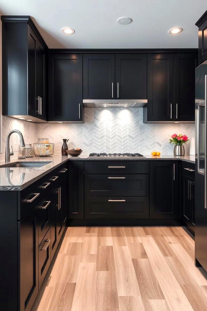 Contrasting Hardware Black Cabinets - 30 Black Kitchen Cabinet Ideas