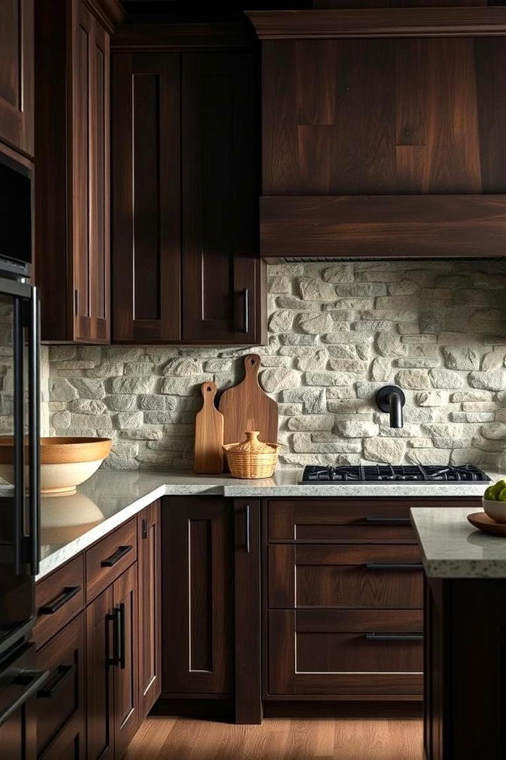 Contrasting Textures - 30 Dark Wood Kitchen Cabinets