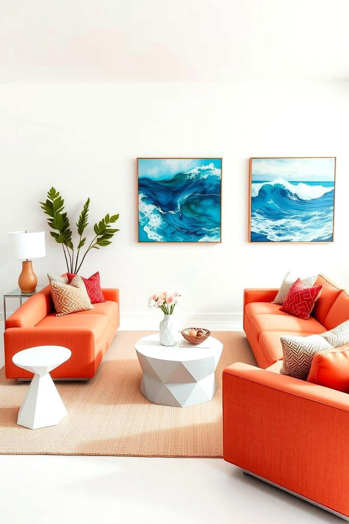 Coral Hues and Contemporary Touches - 21 Coastal Living Room Ideas