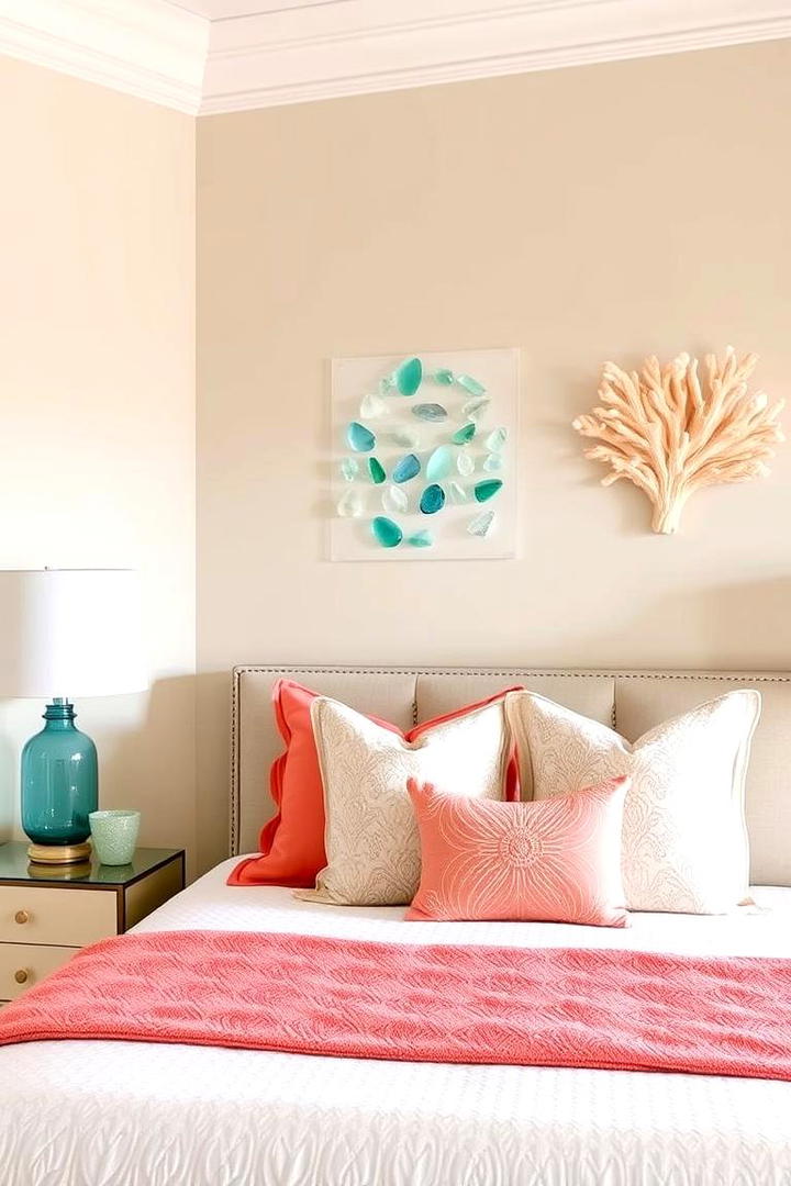 Coral and Sea Glass Accents - 21 Beach Themed Bedroom Ideas