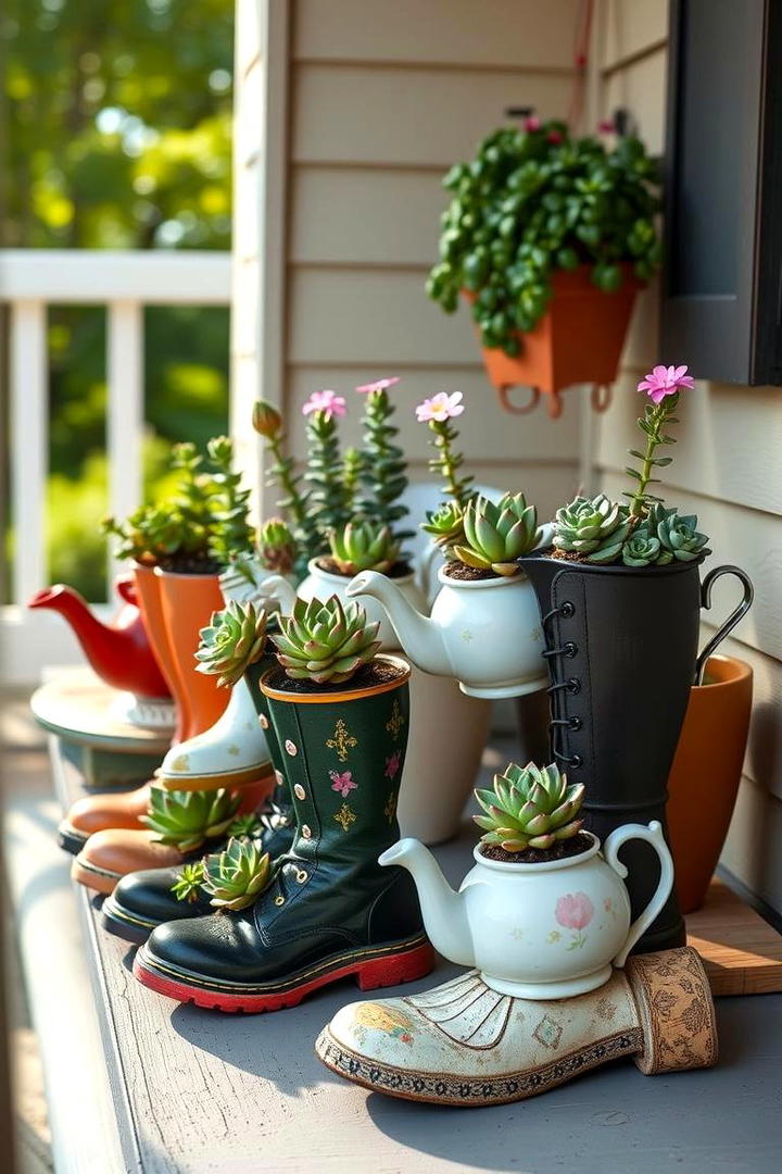 Creative Container Garden with Repurposed Items - 30 Budget Small Garden Ideas