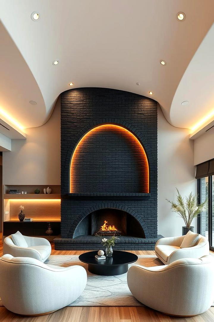 Curved Design Black Brick Fireplace - 30 Black Brick Fireplace Ideas