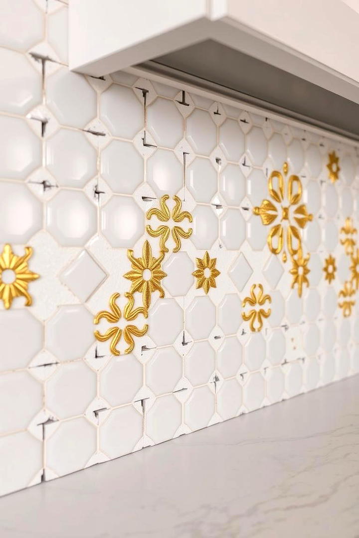 Custom Mosaic Tiles in White and Gold - 21 White and Gold Kitchen Ideas