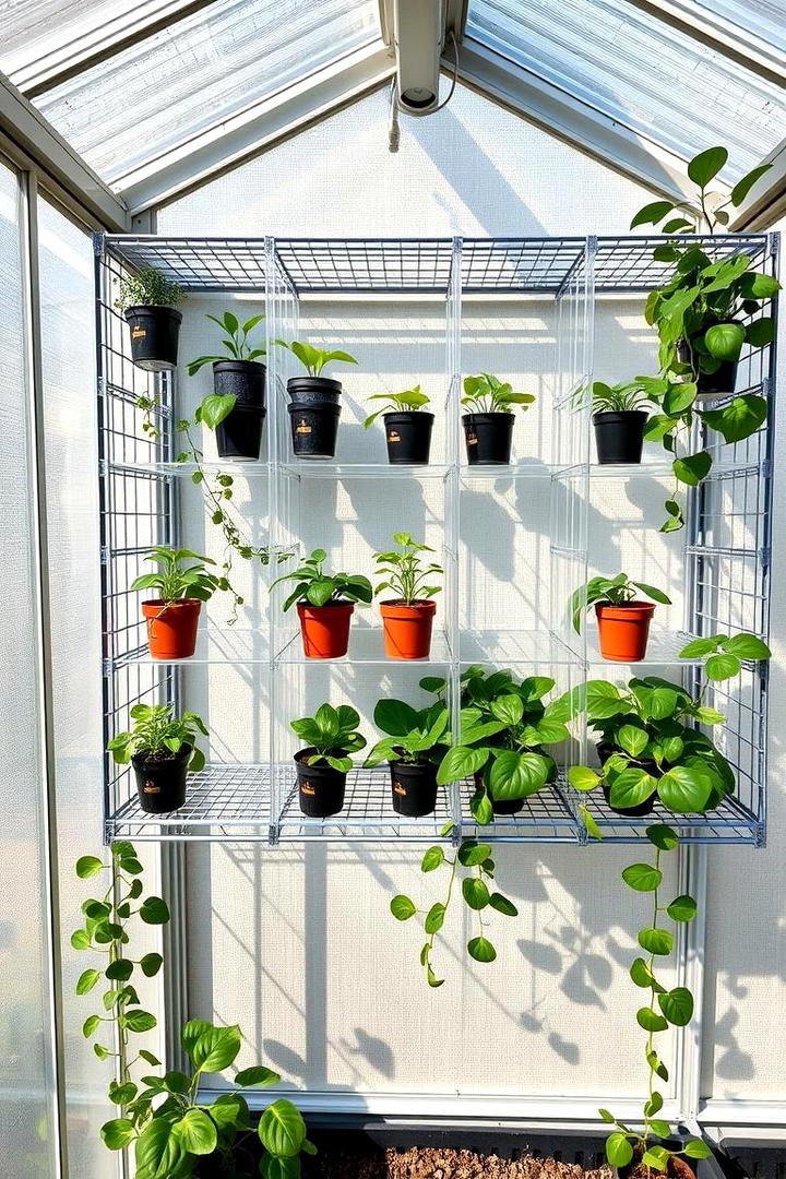 Customizable Grid Storage Shelves - 30 Greenhouse Shelving Ideas