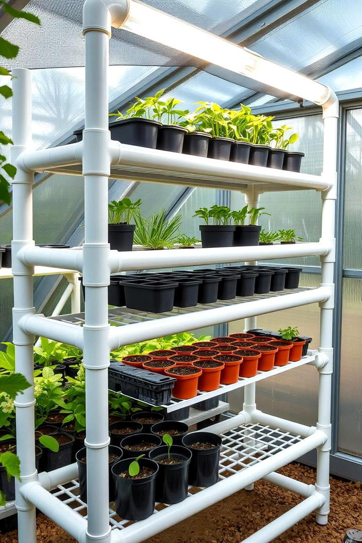 DIY PVC Pipe Shelves for Potting - 30 Greenhouse Shelving Ideas