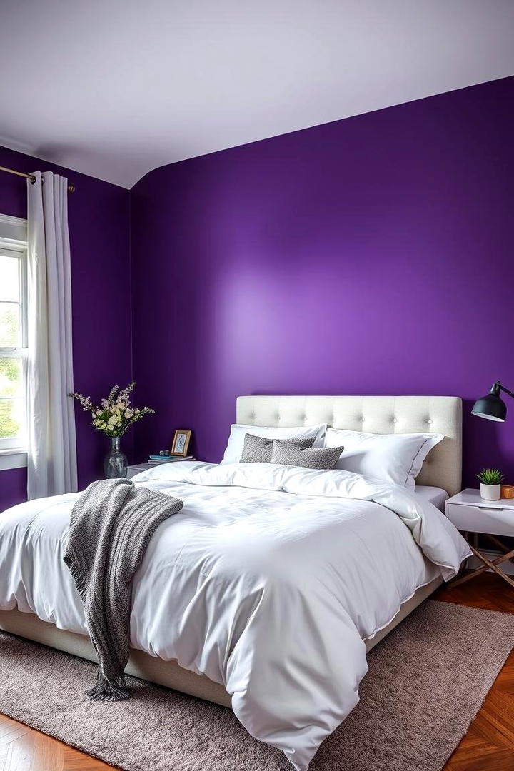 Dark Purple Walls with Bright White Bedding - 17 Purple Bedroom Ideas