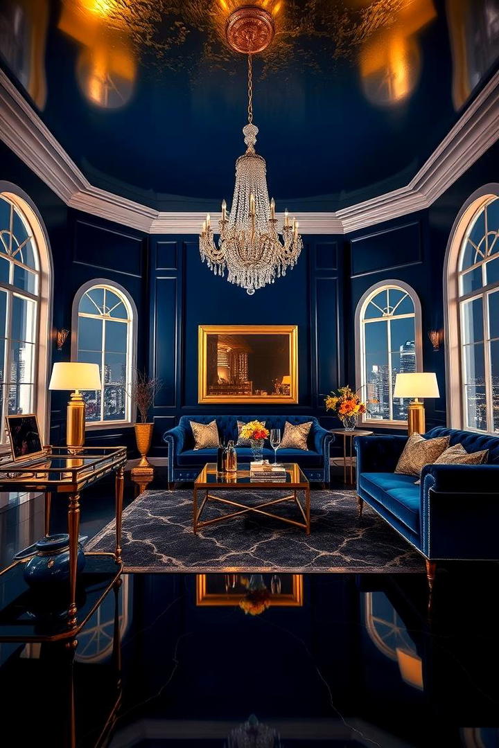 Dramatic Blue Walls with Luxe Gold - 30 Blue and Gold Living Room Ideas