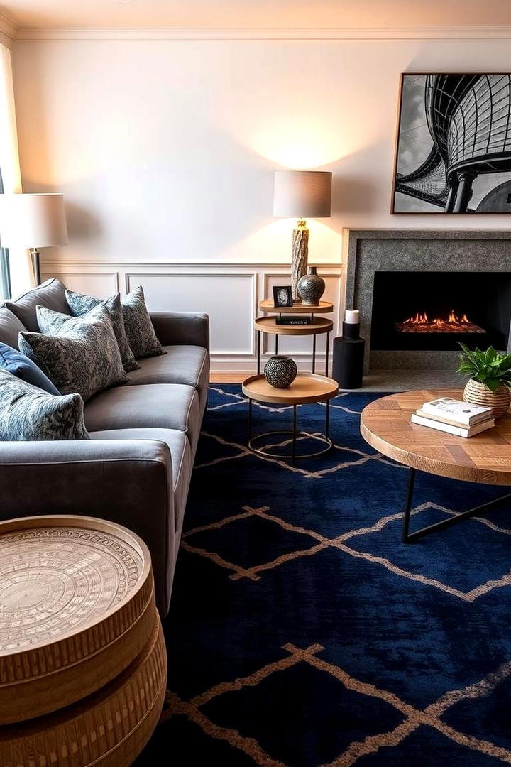 Dynamic Layers in Navy Blue Decor - 30 Navy Blue and Grey Living Room Ideas