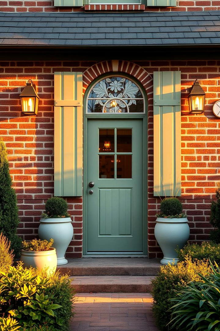 Earthy Brown Brick with Sage Green Highlights - 30 Exterior Brick and Paint Color Combinations