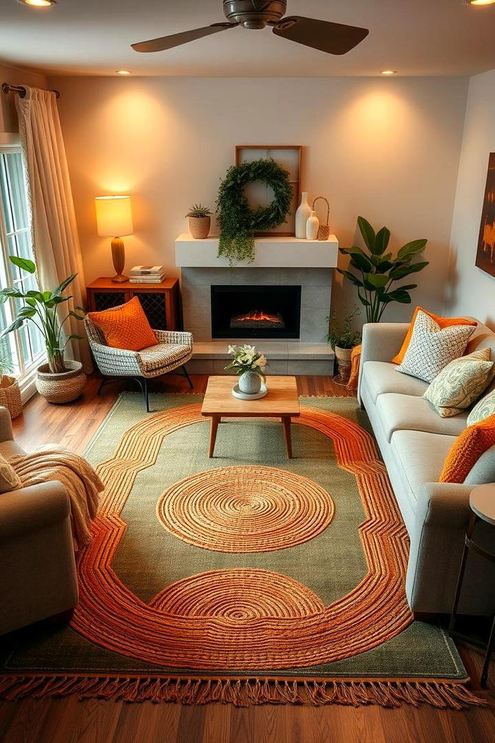 Earthy Green Rug with Orange Accents - 30 Green and Orange Living Room Ideas