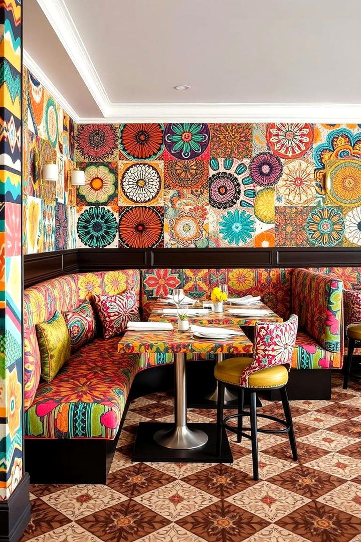 Eclectic Patterned Banquette - 21 Banquette Seating Ideas